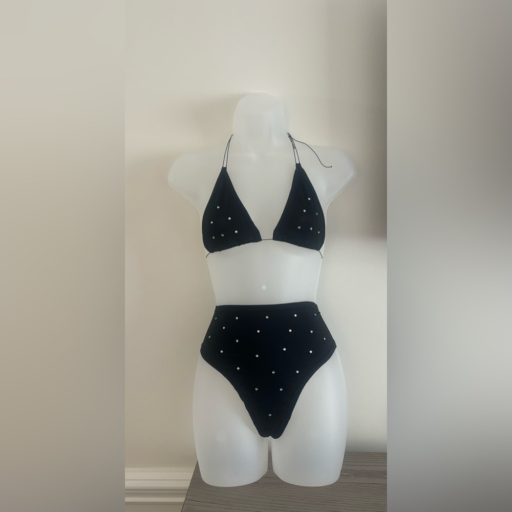 Black two-piece stripper dance outfit with crystals